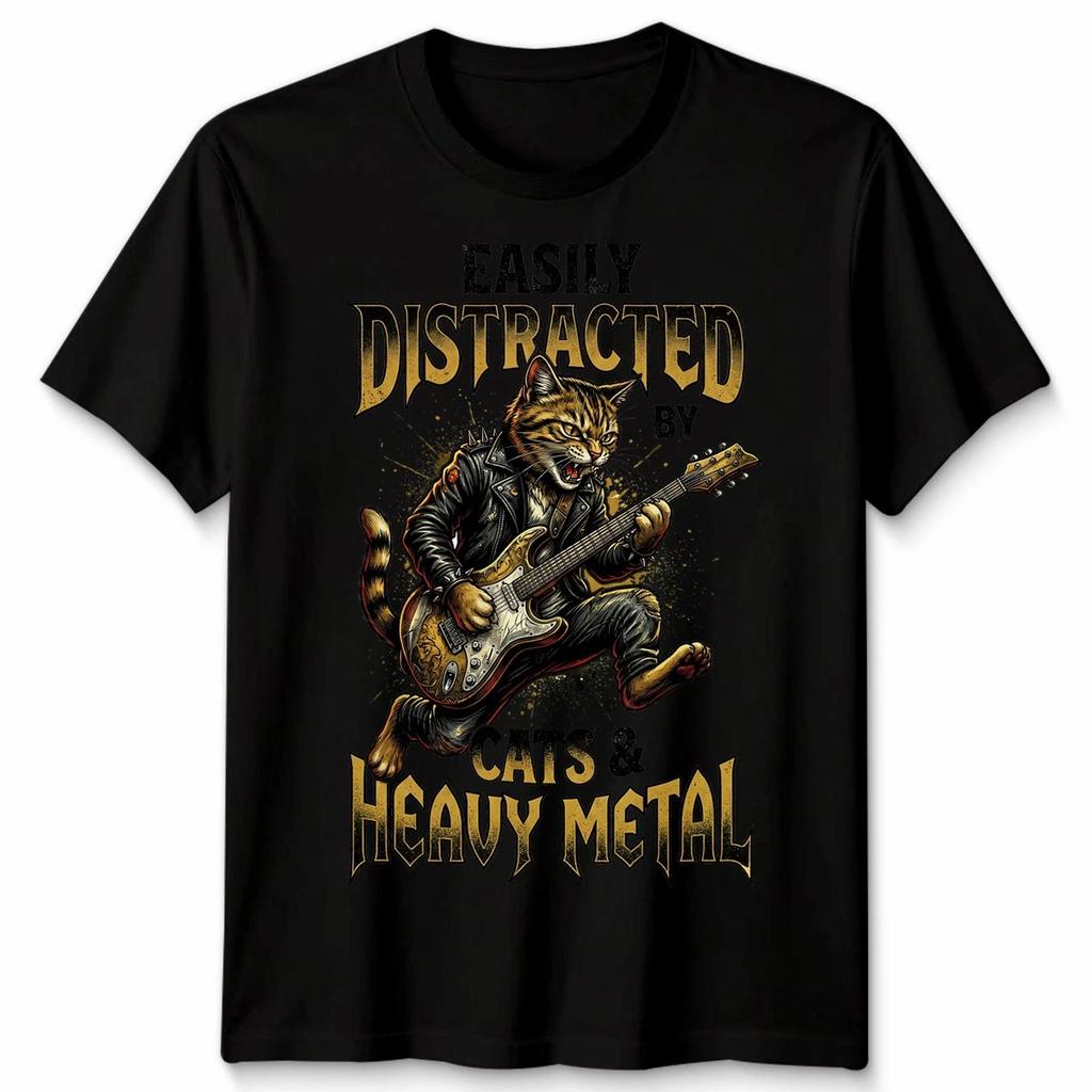Facilmente Distratto Dai Gatti e dal Rock Metal Pesante T-shirt Gatto Slogan Abbigliamento