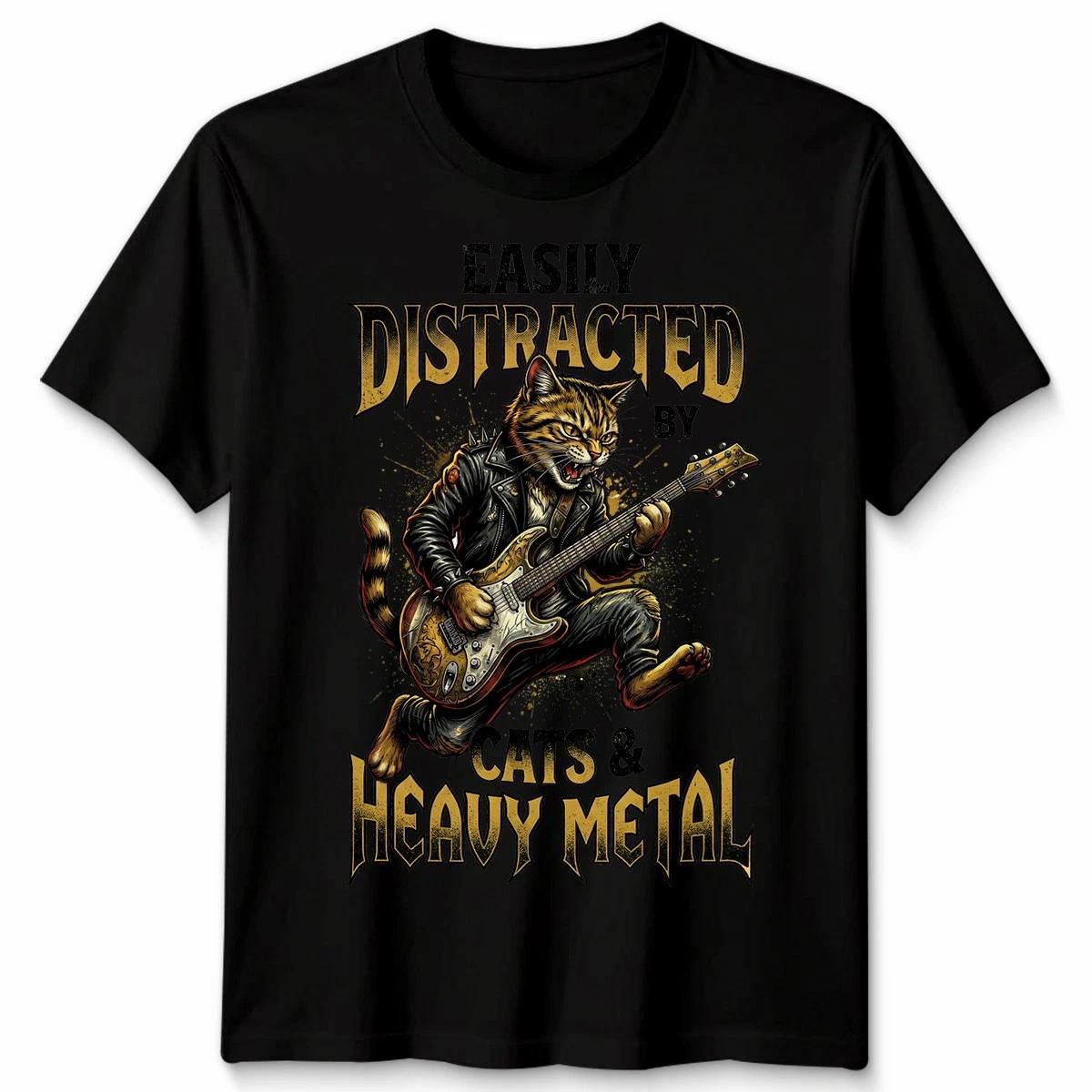 Easily Distracted By Cats and Heavy Metal Rock Cat T Shirt Slogan Apparel S