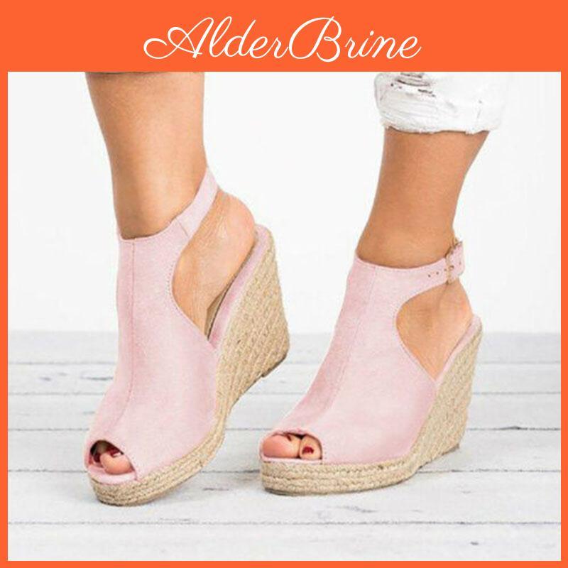 Elegante Damen Sandalen Lässige Keilabsatz Stroh Plateau Offene Zehenpartie Damenschuhe mit Schnalle