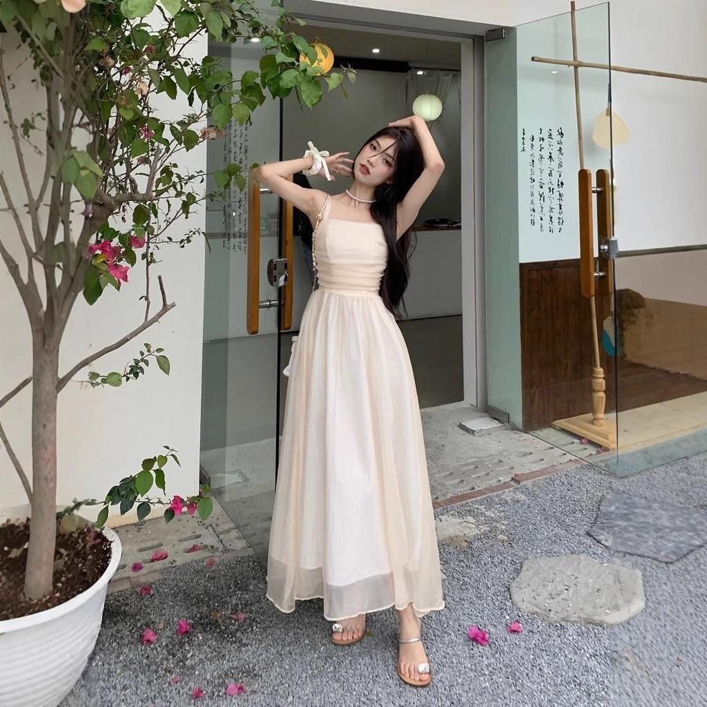 Tube top suspender dress women's summer new super fairy waist thin mesh retro temperament first love long dress