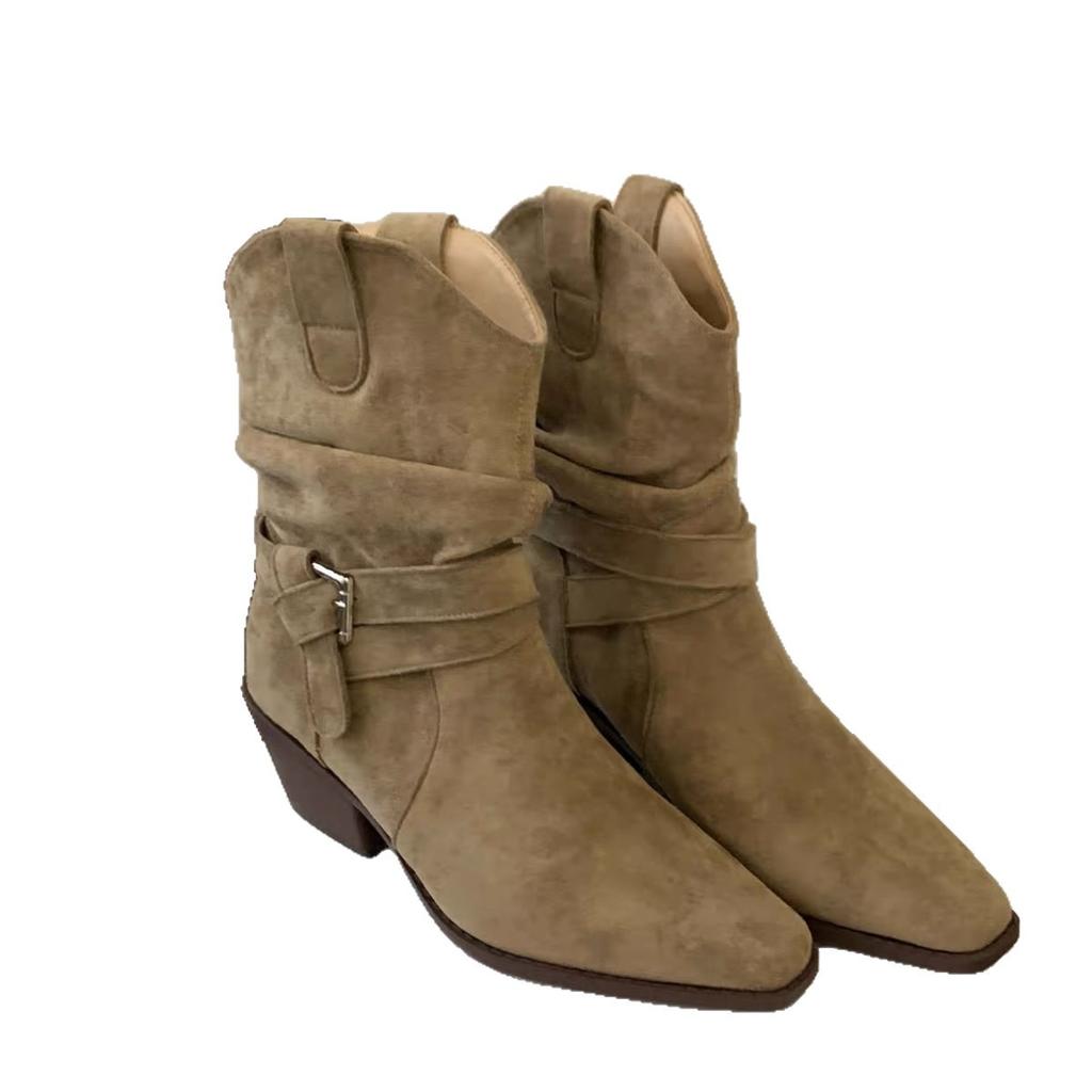 French retro short boots women's 2025 autumn new western cowboy boots thick heel pointed mid tube fashion boots stacking boots