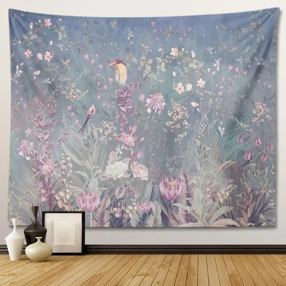 Retro European Style Floral Plant Theme Wall Hanging Bedroom Decorative Wall Tapestry Home Room Living Room Decoration