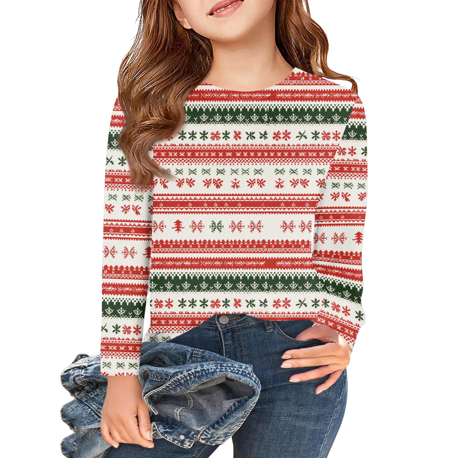 

Рождественские футболки с длинным рукавом для девочек, детские осенние топы с круглым вырезом и принтом, базовые футболки 130