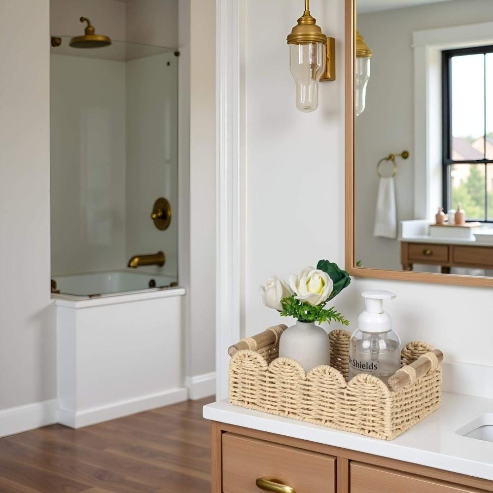 Storage & Decor Scalloped Edge Paper Rope Basket Wooden Handles Neutral Color Decor Basket Storage Basket Living Room