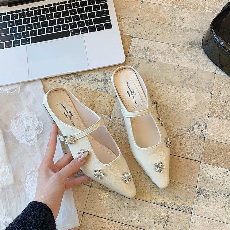 [Ushilai] French flower rhinestone bag head half slippers women wear square head commuting versatile cool slippers