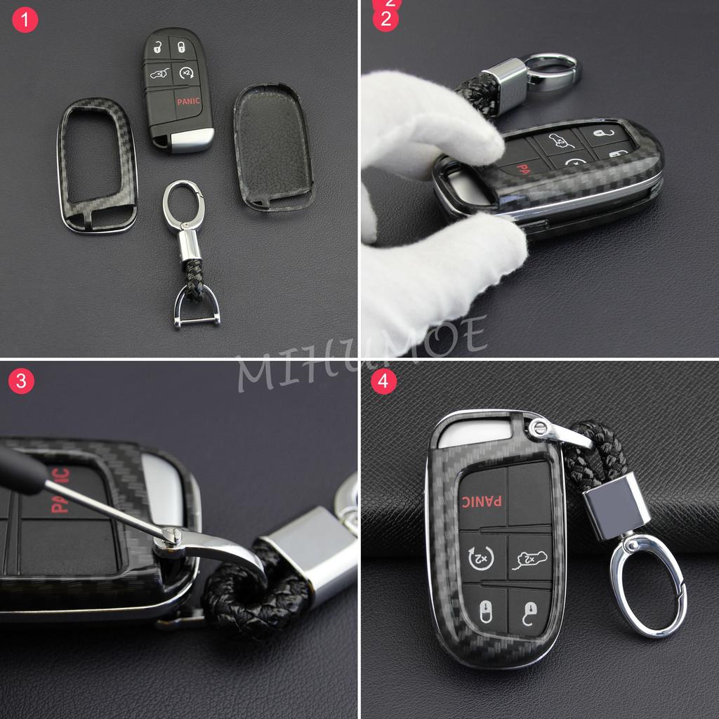 For Jeep Dodge Fiat Carbon Fiber Key Fob Chain Cover Case Grand Cherokee Renegade Compass MP Charger Challenger Durango Journey ALW1