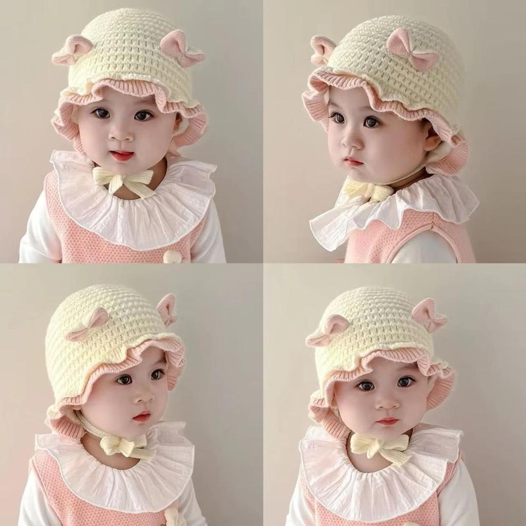 Urocza Czapka Zimowa dla Dziewczynki z Kokardką Miękka Dzianinowa z Falbanką Niemowlęca Ochrona Uszu Gruba Ciepła Wiatroodporna Czapka typu Beanie z Nausznikami dla Malucha