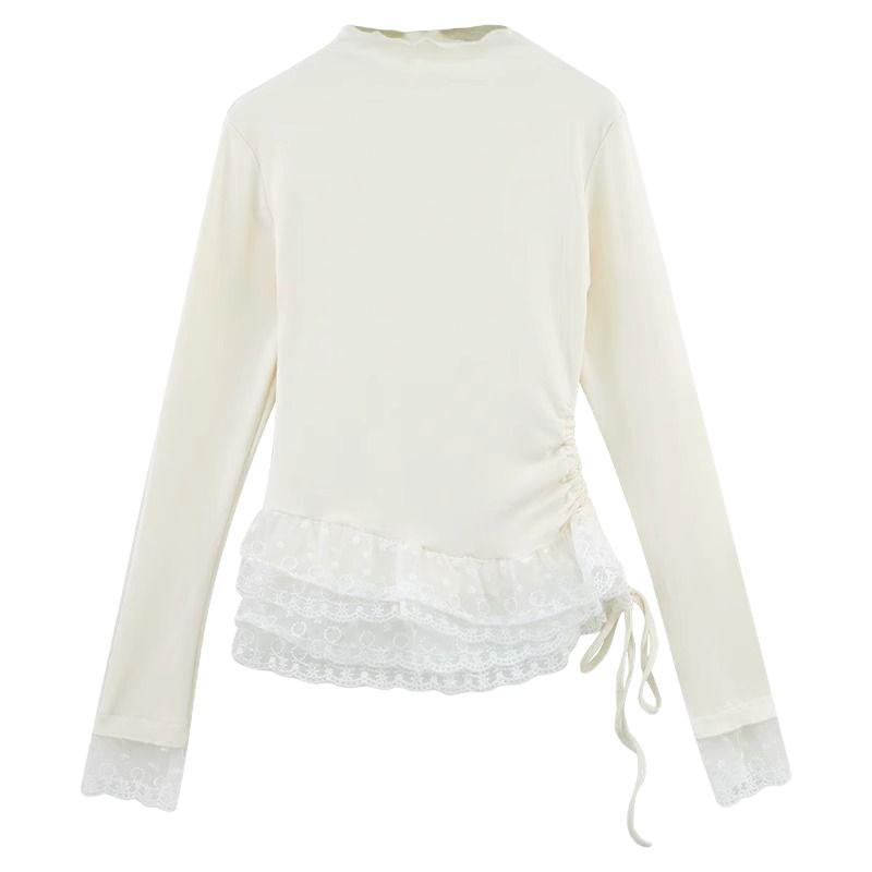 Korean Lace Trim Plush Base Layer Slim Top for Women - Autumn/Winter Long Sleeve