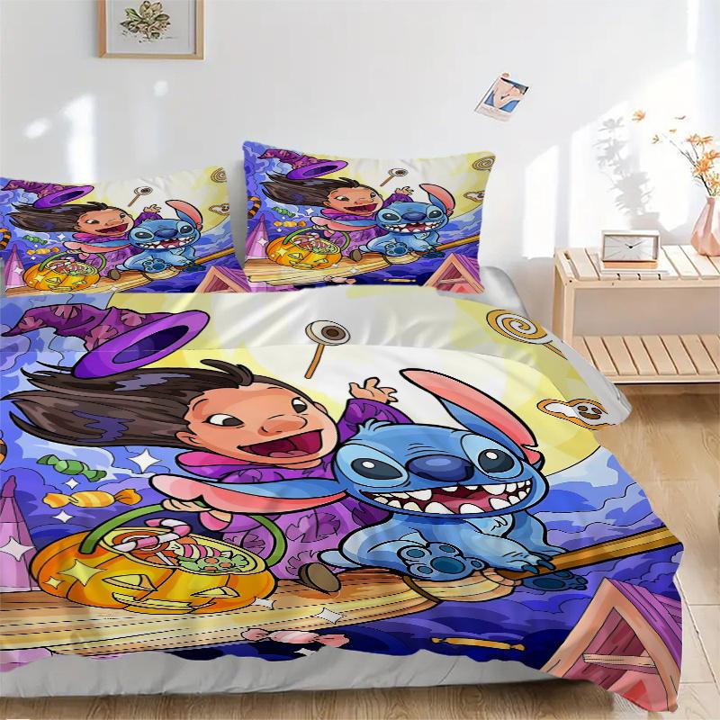

3 шт. Хэллоуинский комплект постельного белья Lilo & Stitch, Включает 1 пододеяльник и 2 наволочки, Без наполнителя, Мягкий и удобный для домашней спальни B033 135x200cm