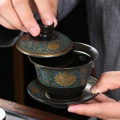 Chiński Teaset klasyczne Gaiwan filiżanki do herbaty czarna glina waza 180ml pokrywka do miski ze spodkiem tradycyjne ręcznie robione napar z herbaty kubek do herbaty
