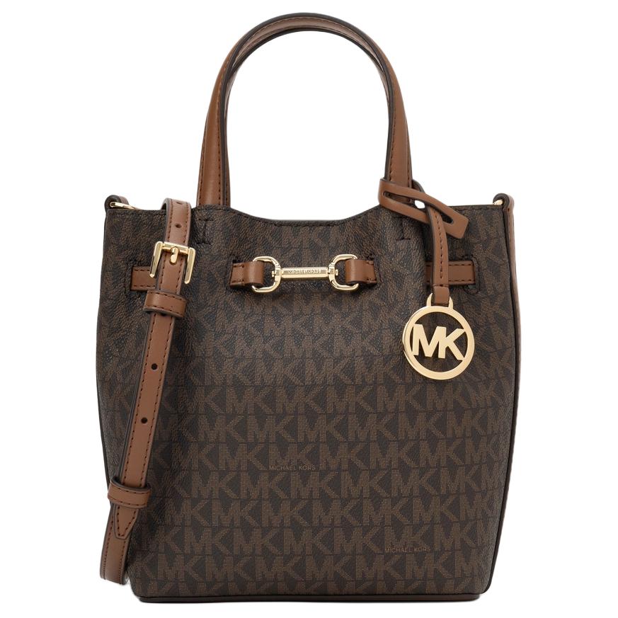 Michael Kors MK Carson Adjustable Detachable Shoulder Strap Metal Logo Faux Leather Crossbody Handbag Small Women handbags 35S5G2ZC5B-BROWN Basic Set (Bag+Dust Bag)