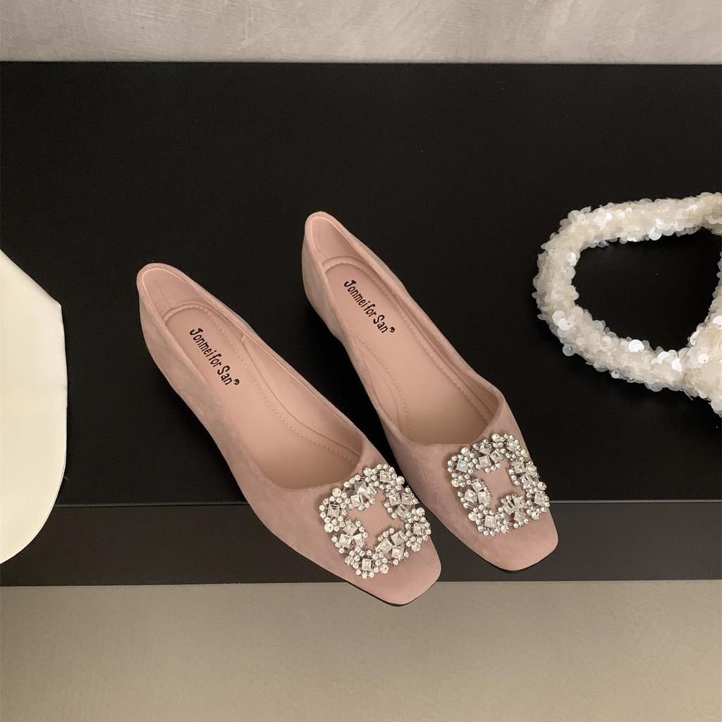 French Square Head Rhinestone Shallow Mouth Single Shoes Women's 2025 New Spring and Autumn Beanie Shoes Flat Laden Shoes Mary Jane Evening Shoes
