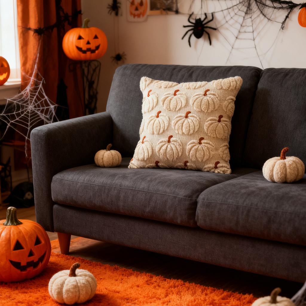 Halloween Pumpkin Soft Faux Fur Pillow Covers Embroidery Accent Pillowcase Plush Pillow Case for Living Room Bedroom Sofa