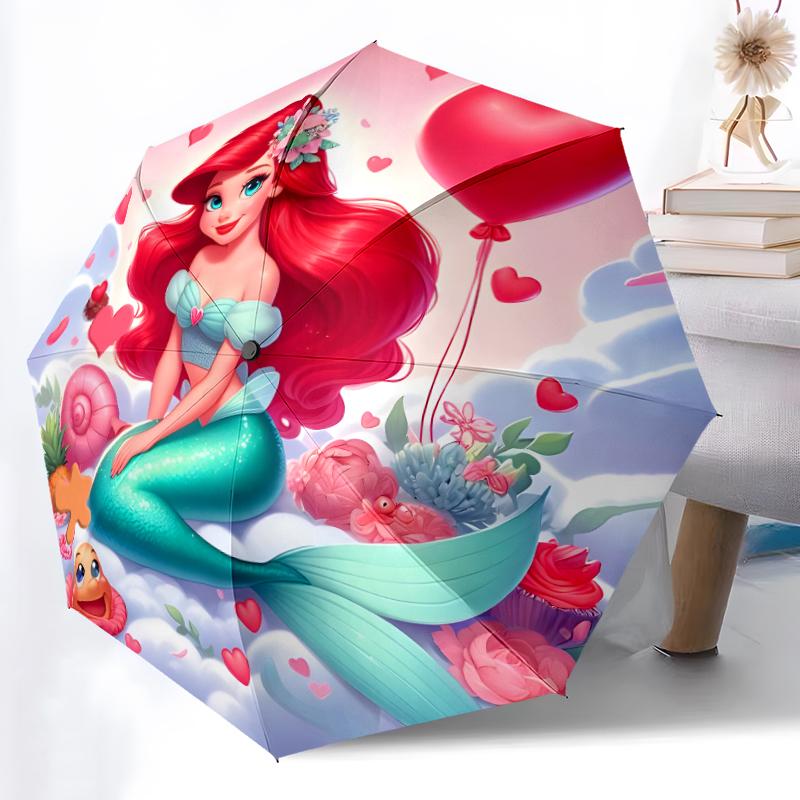 1pc Sturdy 8-Bone Auto Umbrella, Ariel Little Mermaid Pastel Ocean Floral Umbrella, Digital Printed, Foldable Umbrella for On-the-Go Outdoor Use