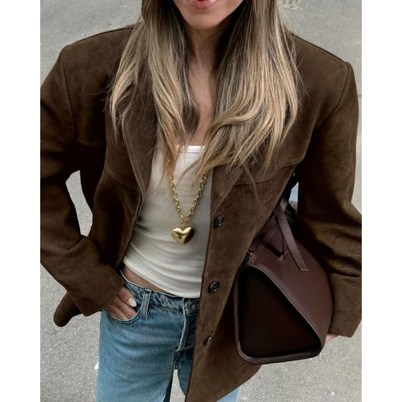 Damen Vintage Verdickt Mittellang Umlegekragen Wildleder Pendler Wintermantel Jacke