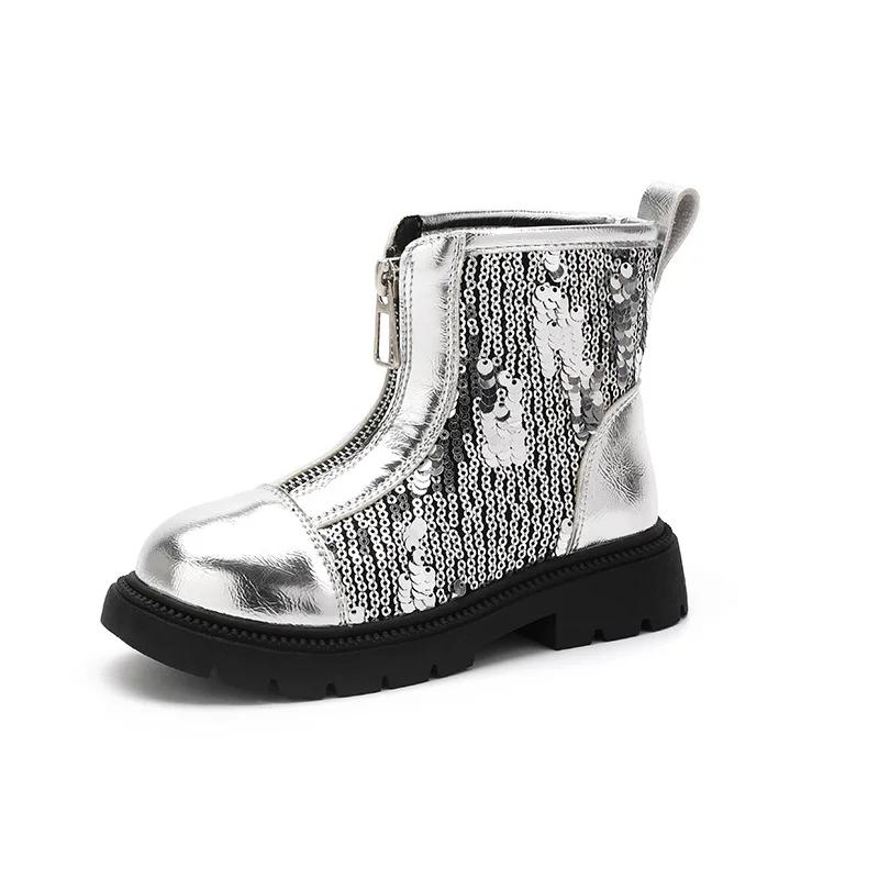 New Spring Autumn Girl's Ankle Boot Sequins Versatile Kids School Black Boots Fashion Causal Children Patchwork Leather Boots