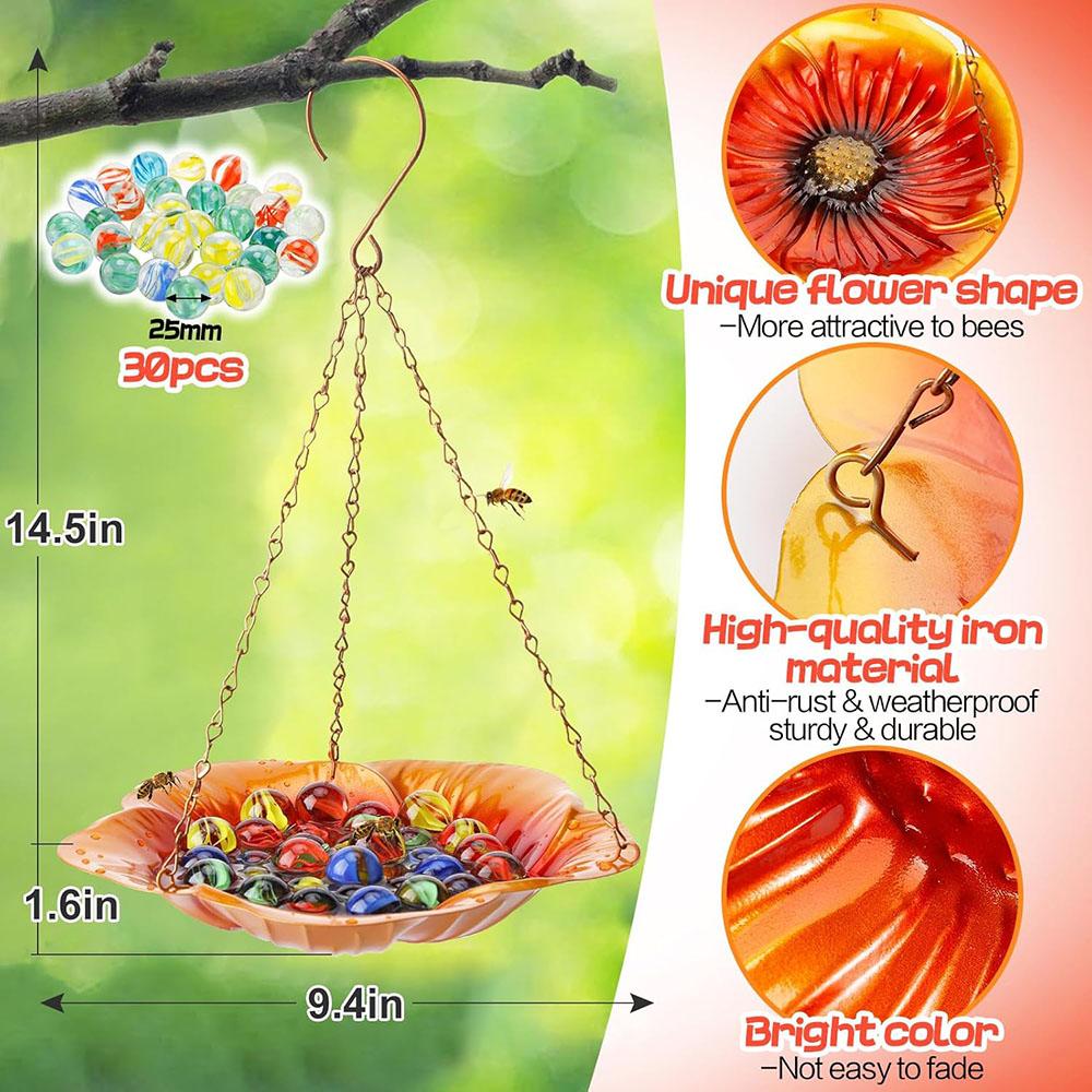 

Bee Feeder Hibiscus Design,Anti-Rust Iron Bee Water Station Colorful Butterfly Bath Bowl with 30 Glass Marbles,Garden Yard Decor помаранчевий