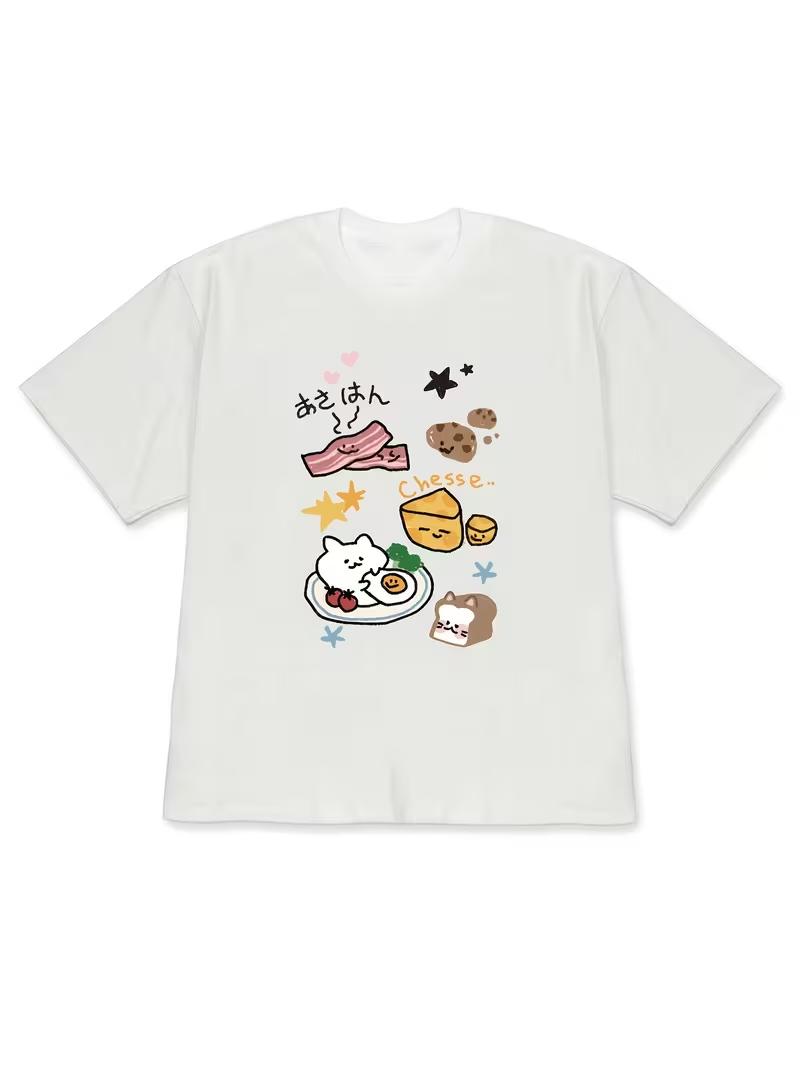 

Cute Breakfast Cat Food Graphic TShirt Kawaii Cartoon Print Short Sleeve Casual Daily Wear Tops Koreanstyle Womens clothing 4XL