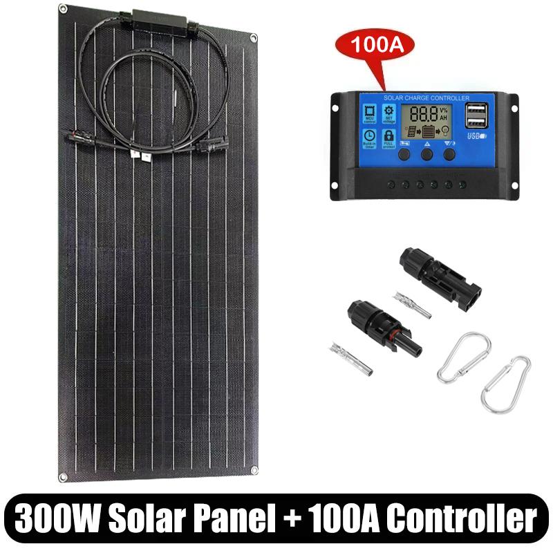300W Solar Panel Kit 18V ETFE Flexible Monocrystalline Solar Cell Power Charger with 60A Controller for Camping Yacht RV Car 4