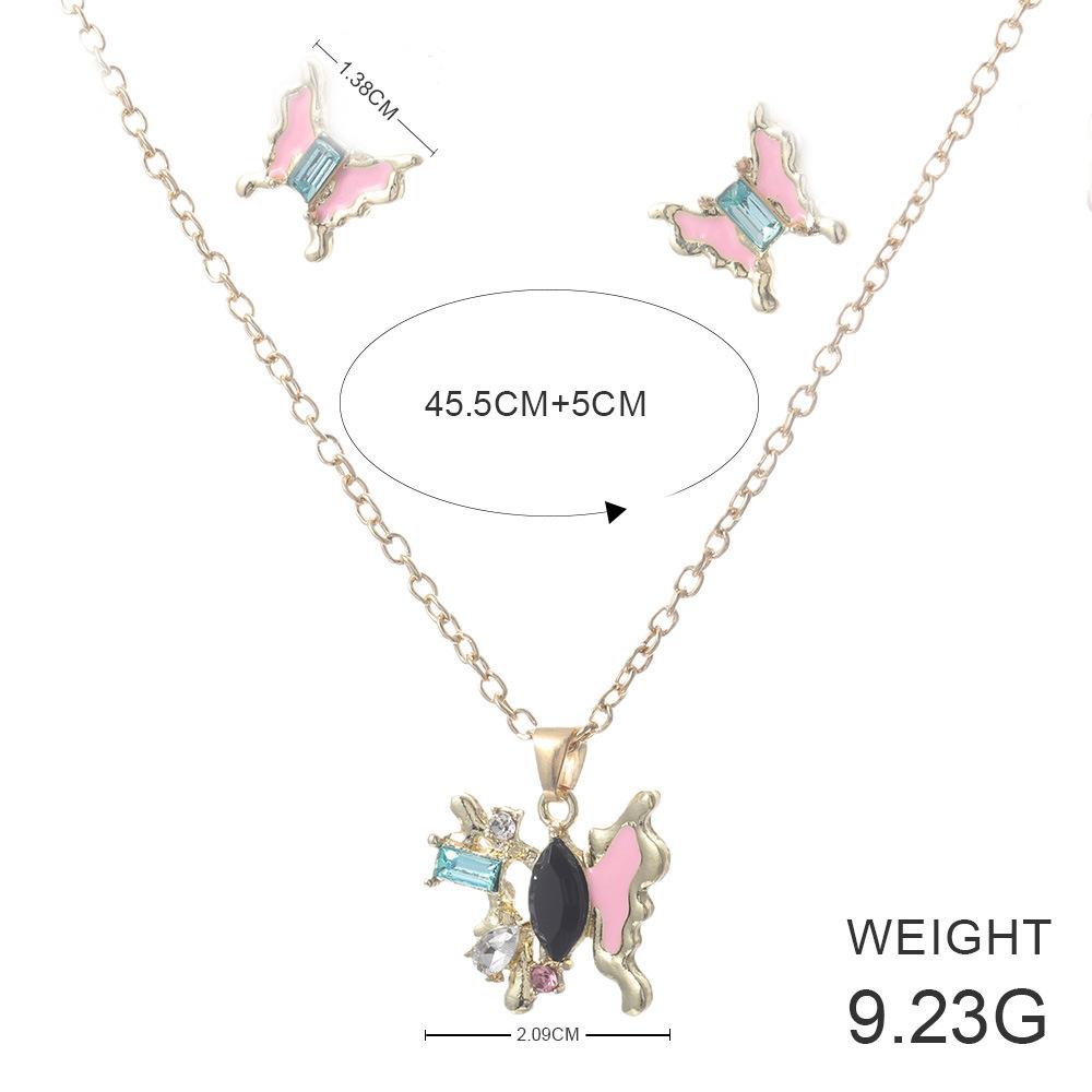 Jewelry Set, Personalized Multi-Colored Rhinestone, Oil Drop Butterfly Necklace, Stud Earrings, 2-Piece Combination Jewelry.