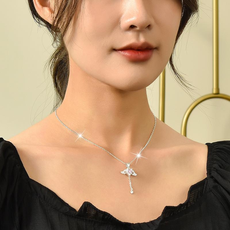 Stylish Romantic Heart Necklace With Angel Wings And Diamond Inlay For Women