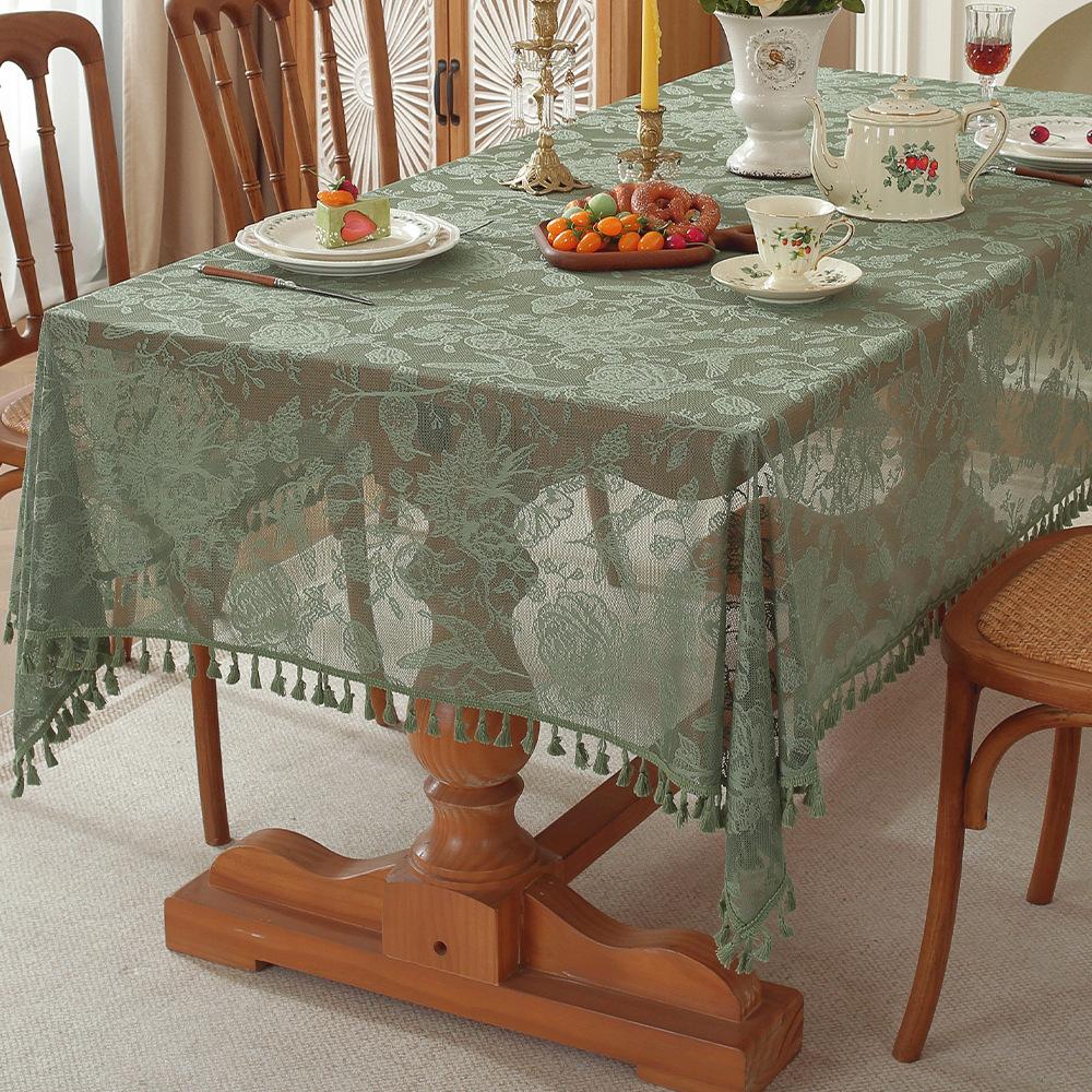 American Retro Dining Table Green Hollow Tablecloth Coffee Table Tablecloth Simple Tassel Home Fabric Manufacturer Spot 90*90cm