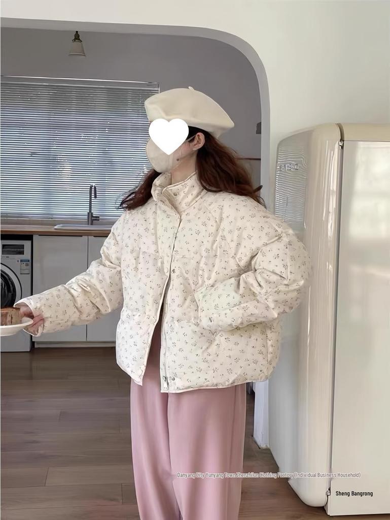 2024 Winter Women's Floral Down Cotton Jacket – Loose Fit, Korean Cute Academy Style