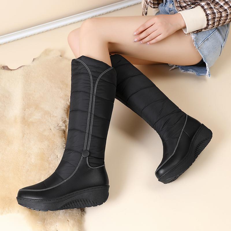 Winter Women Snow Boots Mid Calf Concise Padded Cotton Down Patchwork Leather Shoes Sewing Warm Plush Black Red Waterproof Boots
