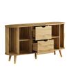 Sideboard mit vertikaler Maserung, zwei Schiebetüren, zwei Schubladen, Beine aus Massivholz und Eckschrank mit abgerundeten Ecken für das Wohnzimmer.