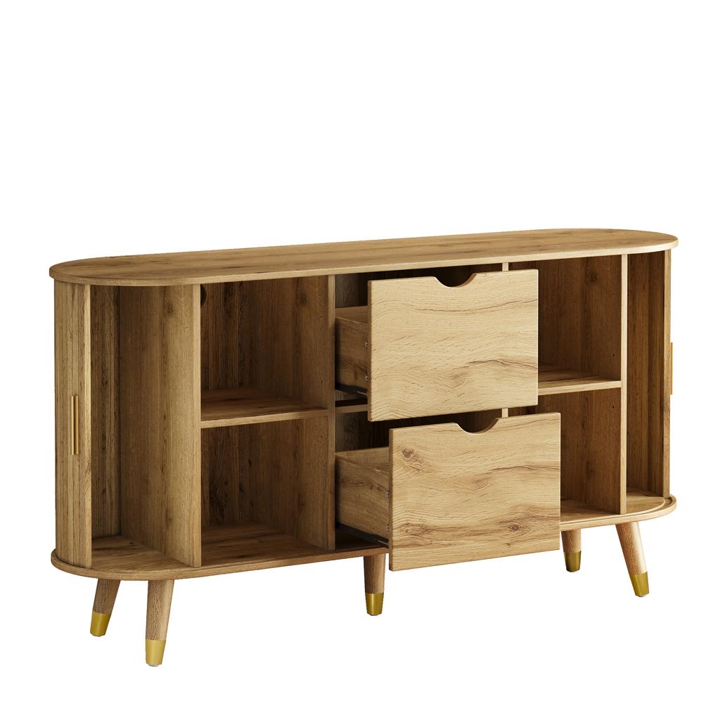 Sideboard mit vertikaler Maserung, zwei Schiebetüren, zwei Schubladen, Beine aus Massivholz und Eckschrank mit abgerundeten Ecken für das Wohnzimmer.