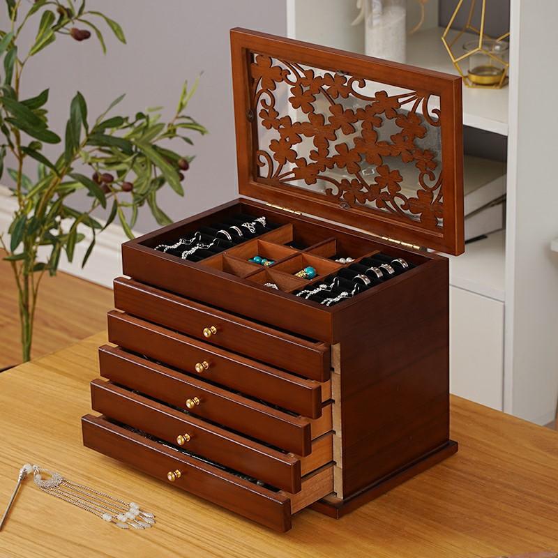 Large Wooden Jewelry Box 4 Leaf Clover Cover Storage Box Drawer Ring Necklace Jewelry Boxes Organizer Case Earrings Display Tray
