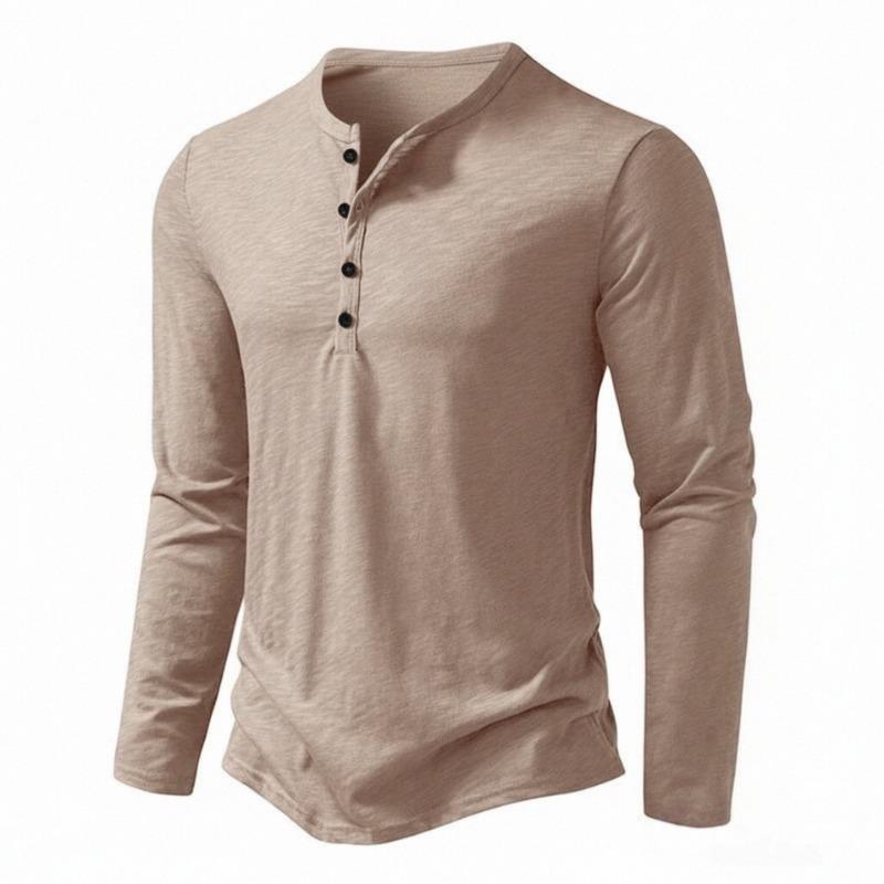 Men's Blue Heather Long Sleeve Henley Shirt Casual Button Placket Crew Neck Top