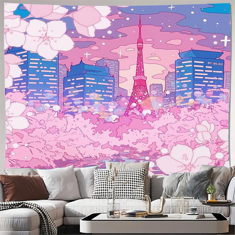 Japanese Anime Tapestry Wall Hanging Aesthetic Room Decor Sakura Blossom Landscape Scenic Wall Art Bedroom Dorm Decor