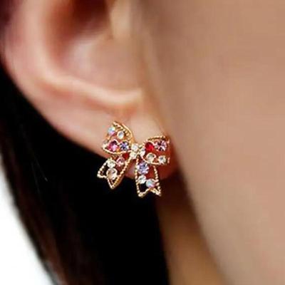 1 par de pendientes con lazo y diamantes de imitación de colores para mujer, accesorios de joyería de moda de lujo, estilo coreano.