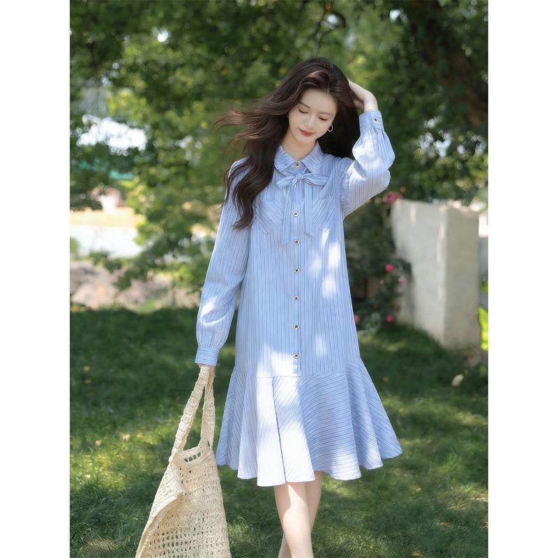 2026 Spring French Stripe Fishtail Maternity Dress - Elegant & Belly-Covering M