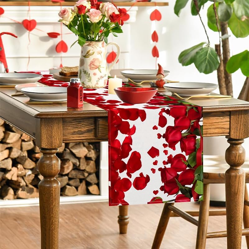 Valentine Table Runners 72 Inches Long, Red Rose Valentine's Day Runners for Table Holiday Anniversary Wedding Kitchen Dining Table Decorations