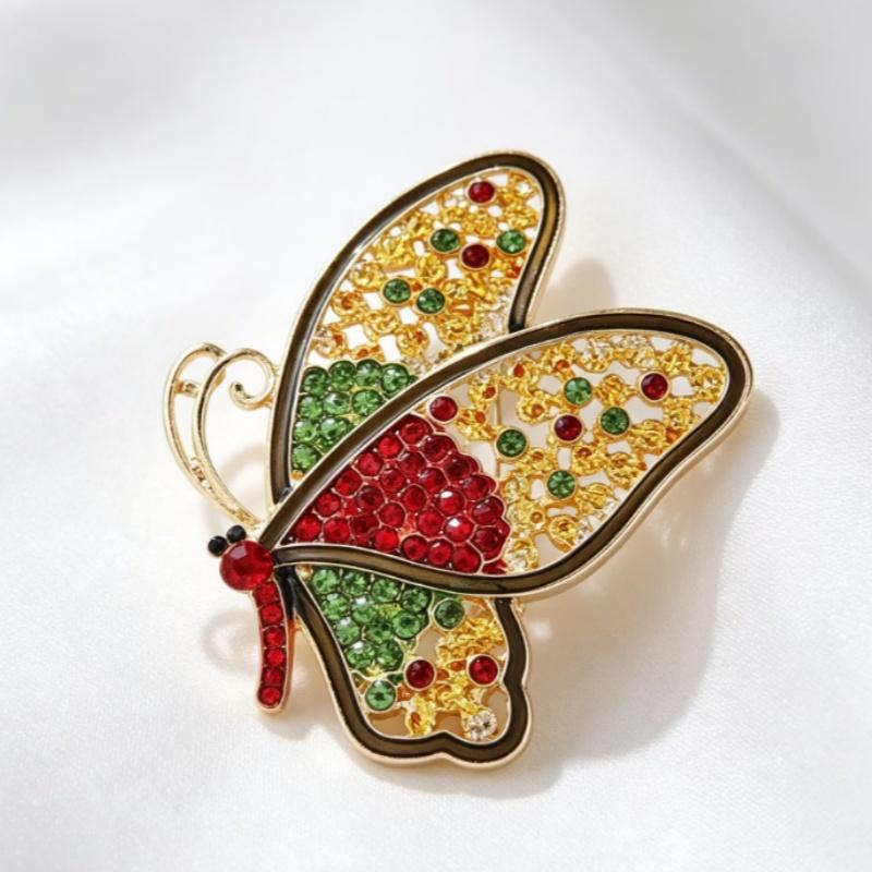 Shiny Rhinestone Butterfly Brooch Gold Plated Frame Red Green Crystals Perfect For Daily Wear Party Outfit