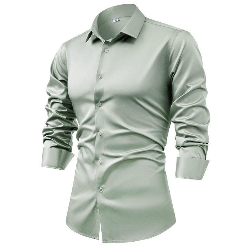 Men's Silk Satin Long Sleeve Button-Up Dress Shirt, Non-Iron Wrinkle-Resistant Business Casual Formal Top