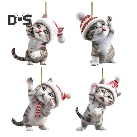 

4 шт., украшения для рождественской елки в виде кошки, подвеска для зеркала заднего вида, украшение для салона автомобиля, акриловое подвесное украшение, подарки 4pcs