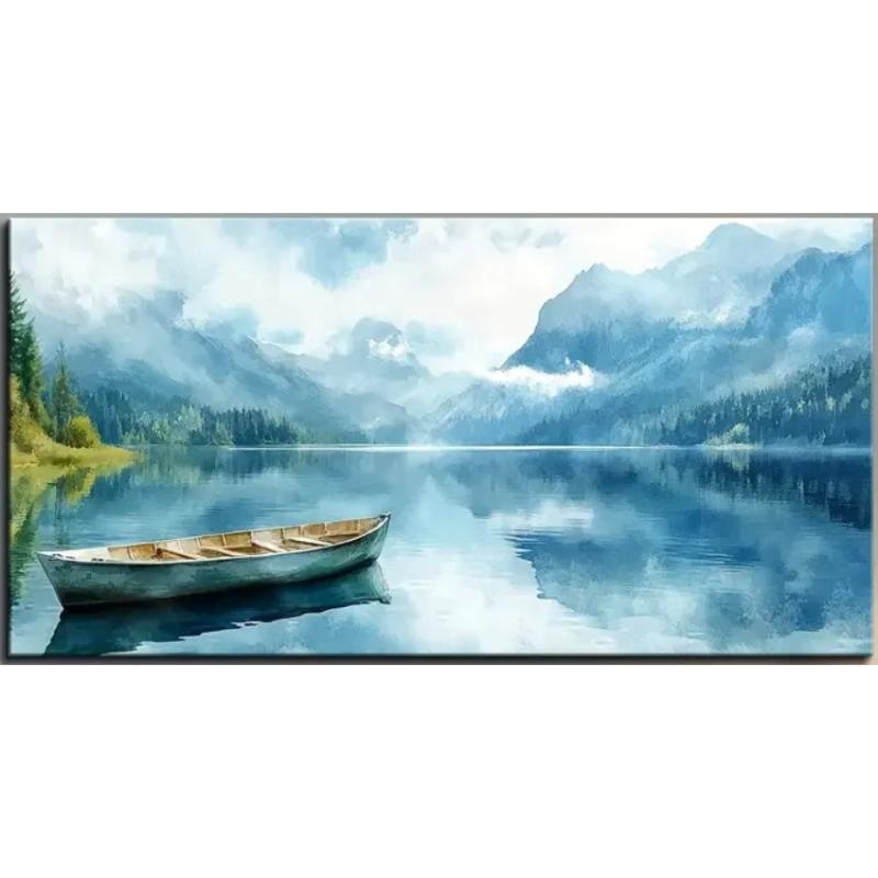 Płótno bez ramy o grubości 1,5 cala - Spokojne jezioro góry niebo krajobraz z obrazem łodzi, Nowoczesne dekoracyjne inspirowane naturą
