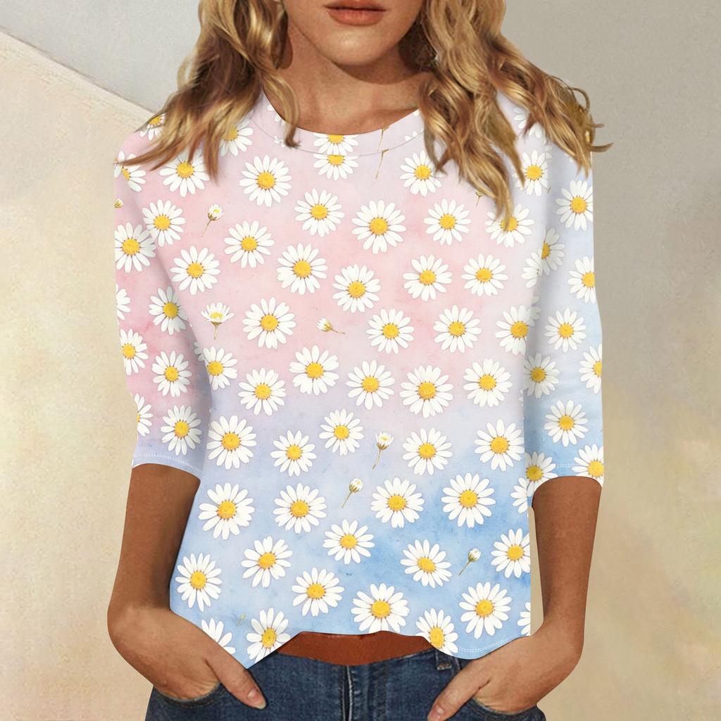 Top da Donna Casual a Manica a Tre Quarti con Stampa Floreale Girocollo Vestibilità Larga Pullover Camicetta Leggera per l'Uso Quotidiano