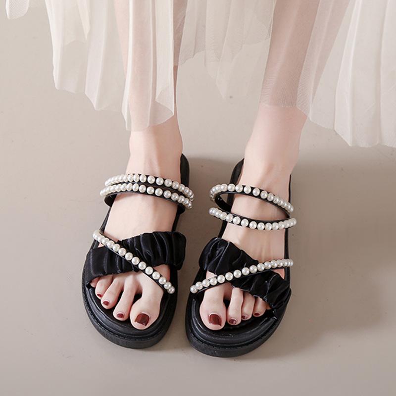 Internet Celebrity Slippers Wear Summer Women 2025 New Pearl Fairy Wind Two Wear Thick-soled Small Fragrant Beach Sandals