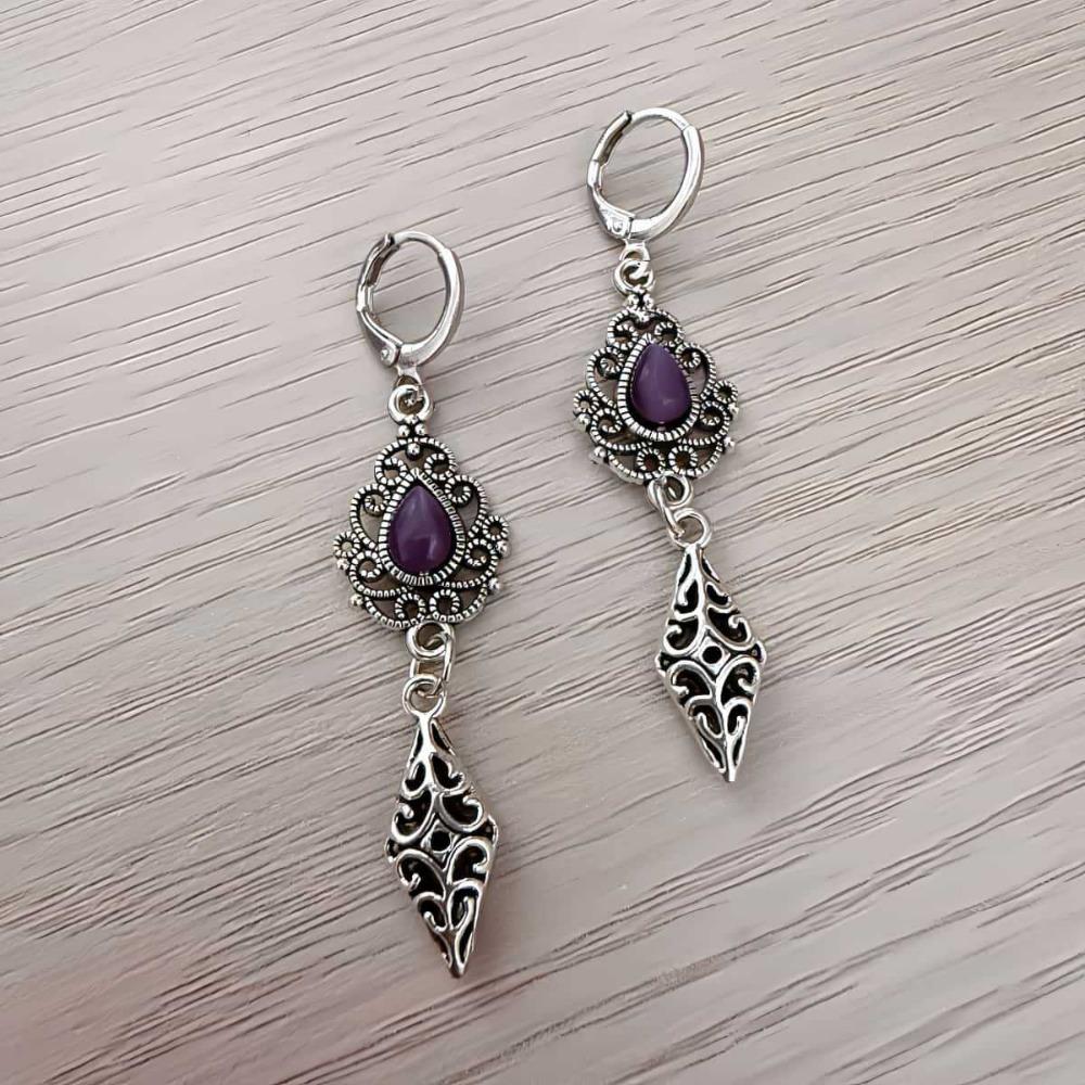 Vintage Ethnic Ancient Silver Filigree Purple Teardrop Gemstone Dangle Earrings for Women Boho Gypsy Hoop Earrings Jewelry Gifts