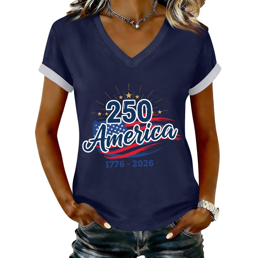 Women's Casual Printed T-Shirt V Neck Pullover Short Sleeve Top