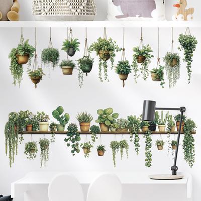 Green Potted Plant Wall Stickers for Living Room Hanging Potted Wall Decals Bedroom Home Wall Decoration Background