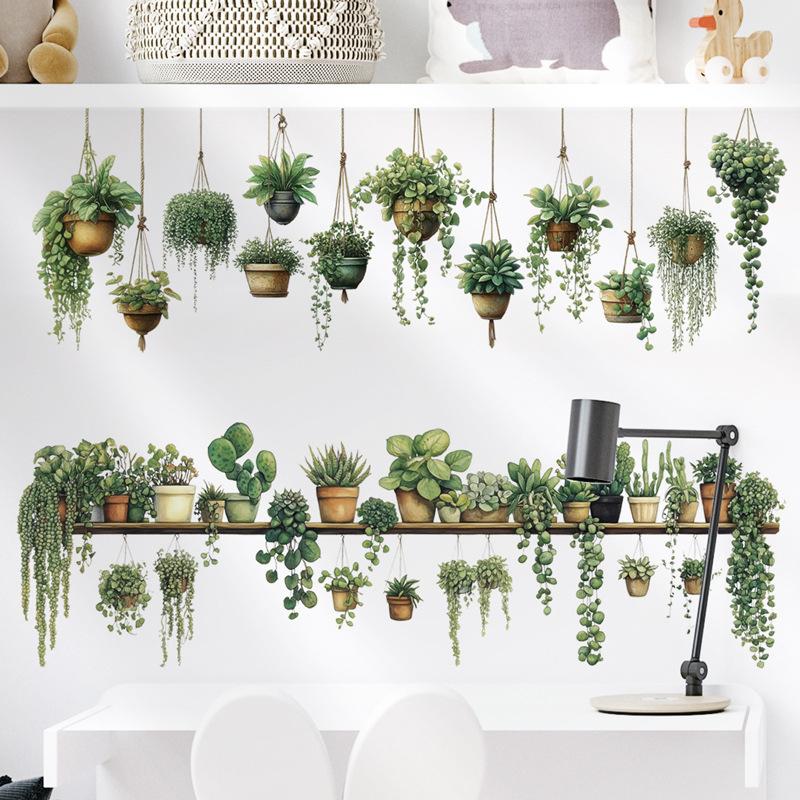 Green Potted Plant Wall Stickers for Living Room Hanging Potted Wall Decals Bedroom Home Wall Decoration Background
