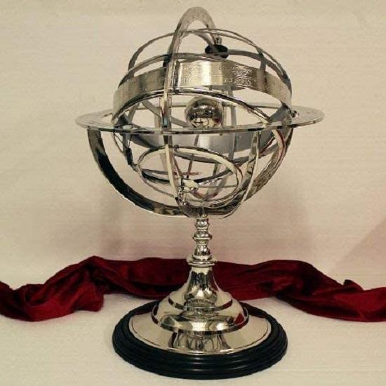 Armillary Sphere Stainless Steel On Wooden Pedestal
