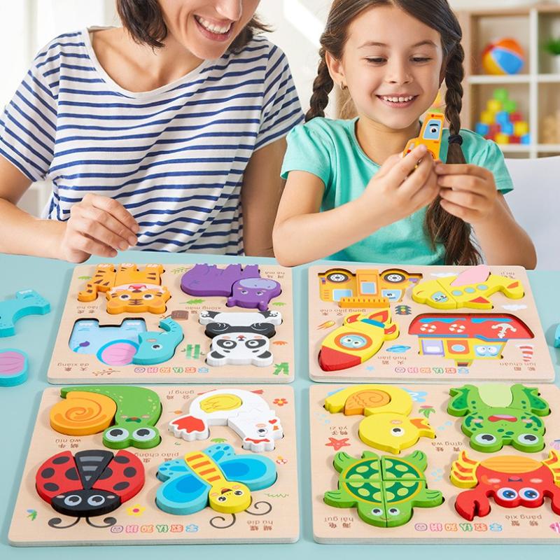 Non-Toxic 3D Wooden Animal Cartoon Puzzle Board Kids Handheld Traffic Jigsaw Puzzle Montessori Early Education Toys Building Blocks Toys
