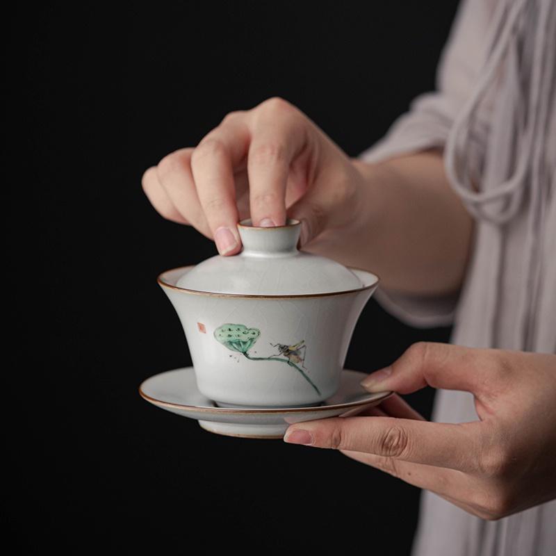 160ml Ru Kiln Covered Bowl Vintage Tea Ceremony Bowl Ceramic Tea Brewing Bowl