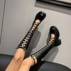 Fashion Women's breathable hollow mesh boots, genuine leather high-top knight boots, knee-high heels, light and cool, 2025